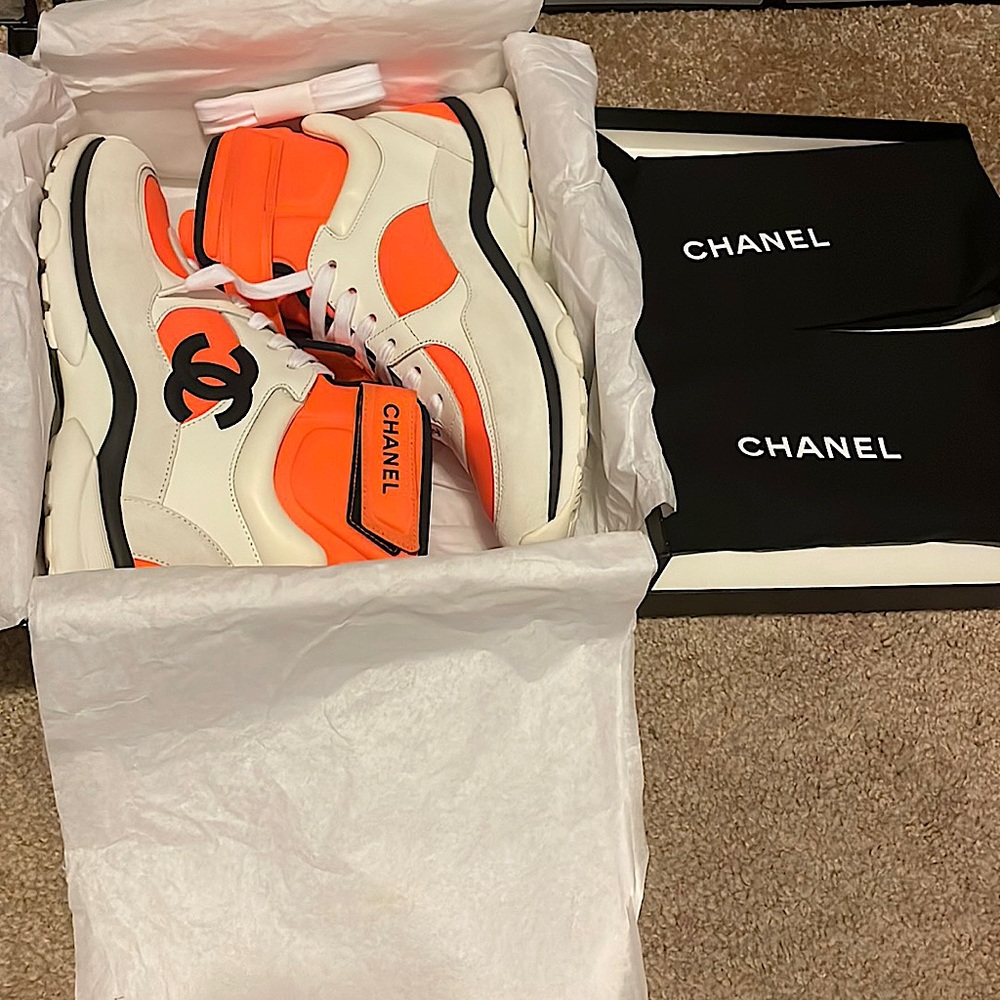 Authentic Orange White Neoprene CC Logo Lace Up High Top Sneakers